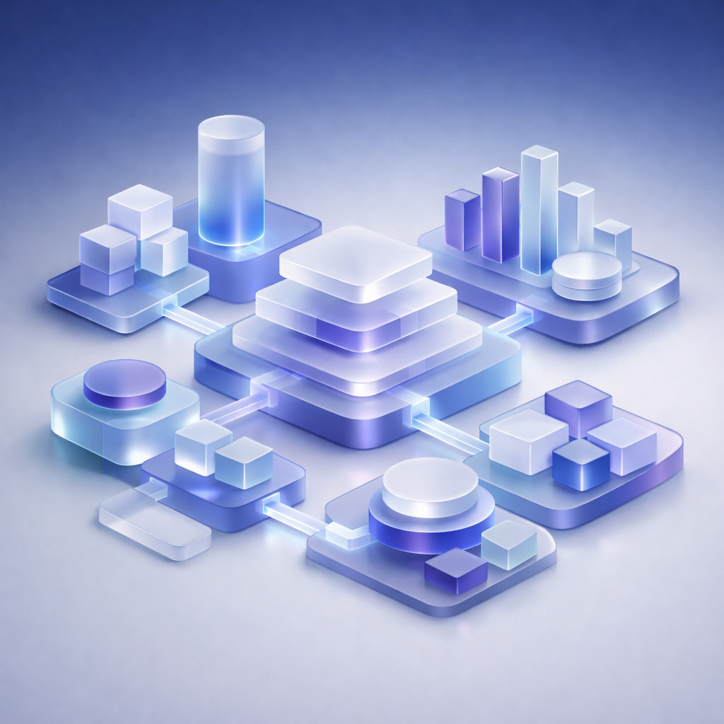 Abstract depiction of scalable content creation with interconnected geometric units.