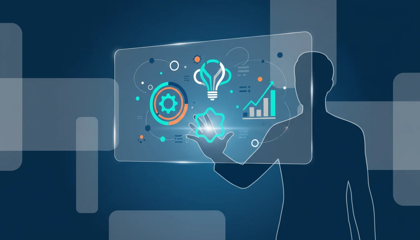 Illustration of a person interacting with a holographic interface showing evolving skills.