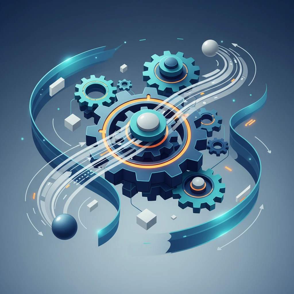 Abstract illustration of gears and data streams representing marketing automation.