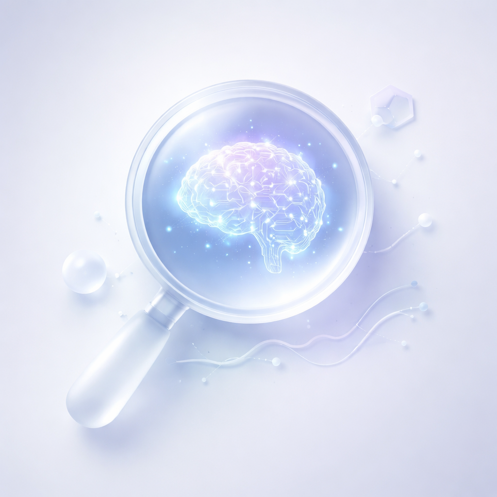 Illustration of AI visibility concept with magnifying glass and AI brain in glassmorphism style