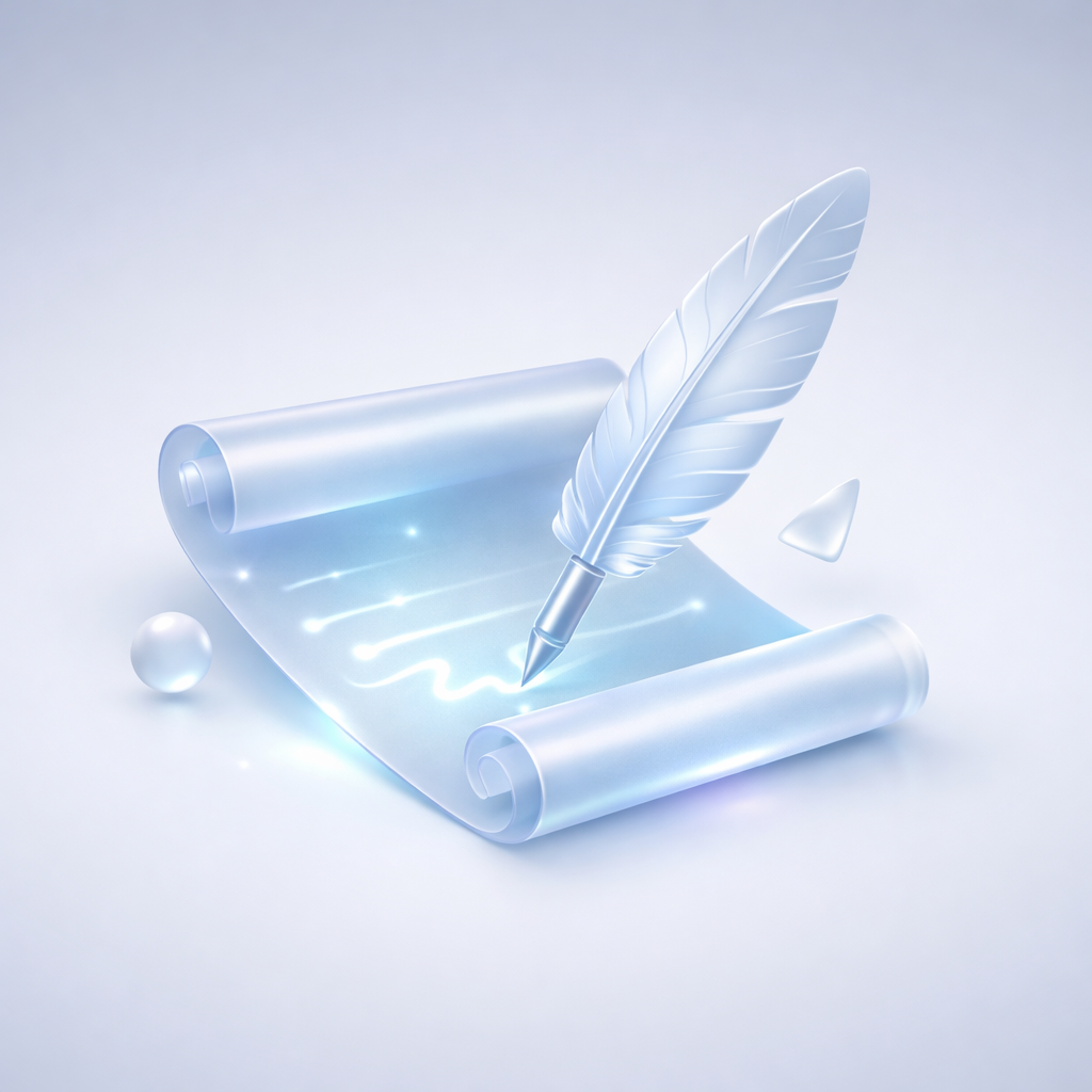Illustration of AI-powered content creation with quill and digital scroll in glassmorphism style