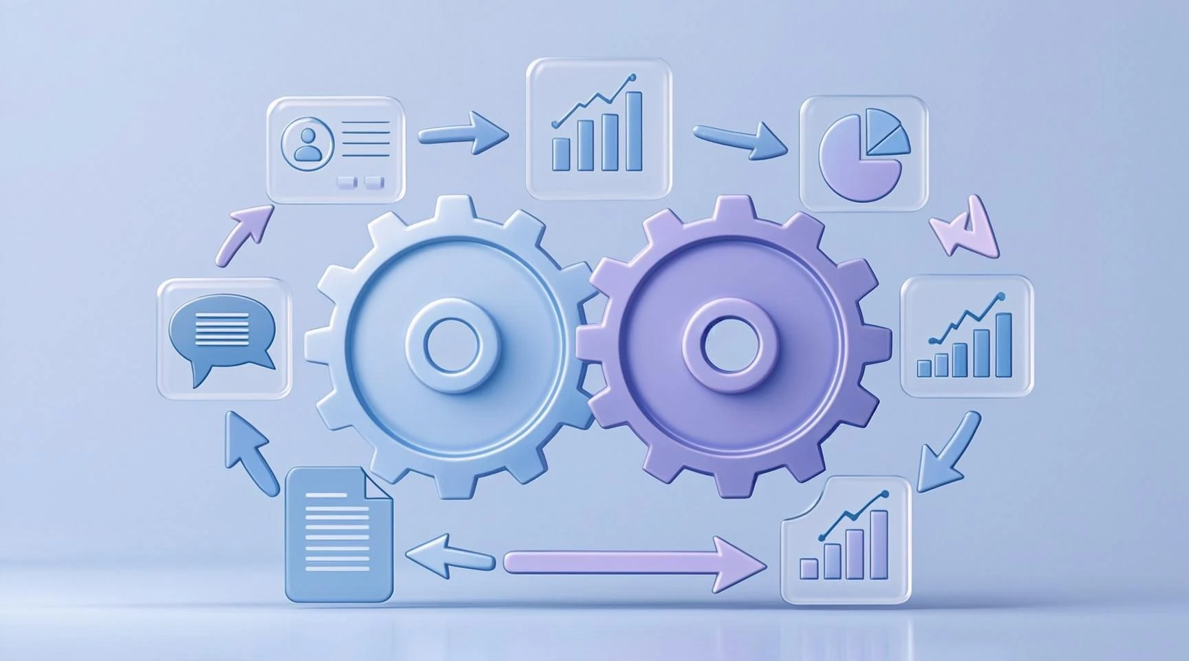 Illustration of automated content workflow with glowing gears in glassmorphism style
