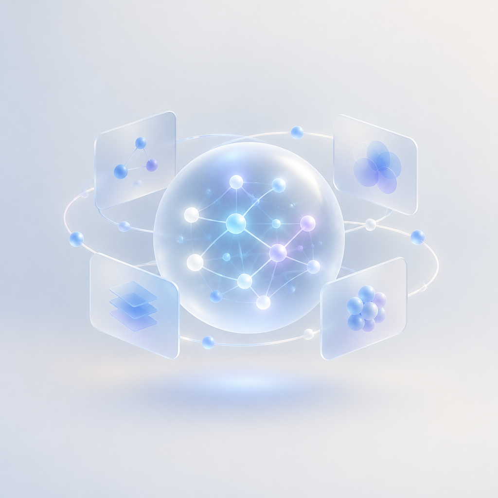 Frosted-glass information forms connected in an AI discovery network