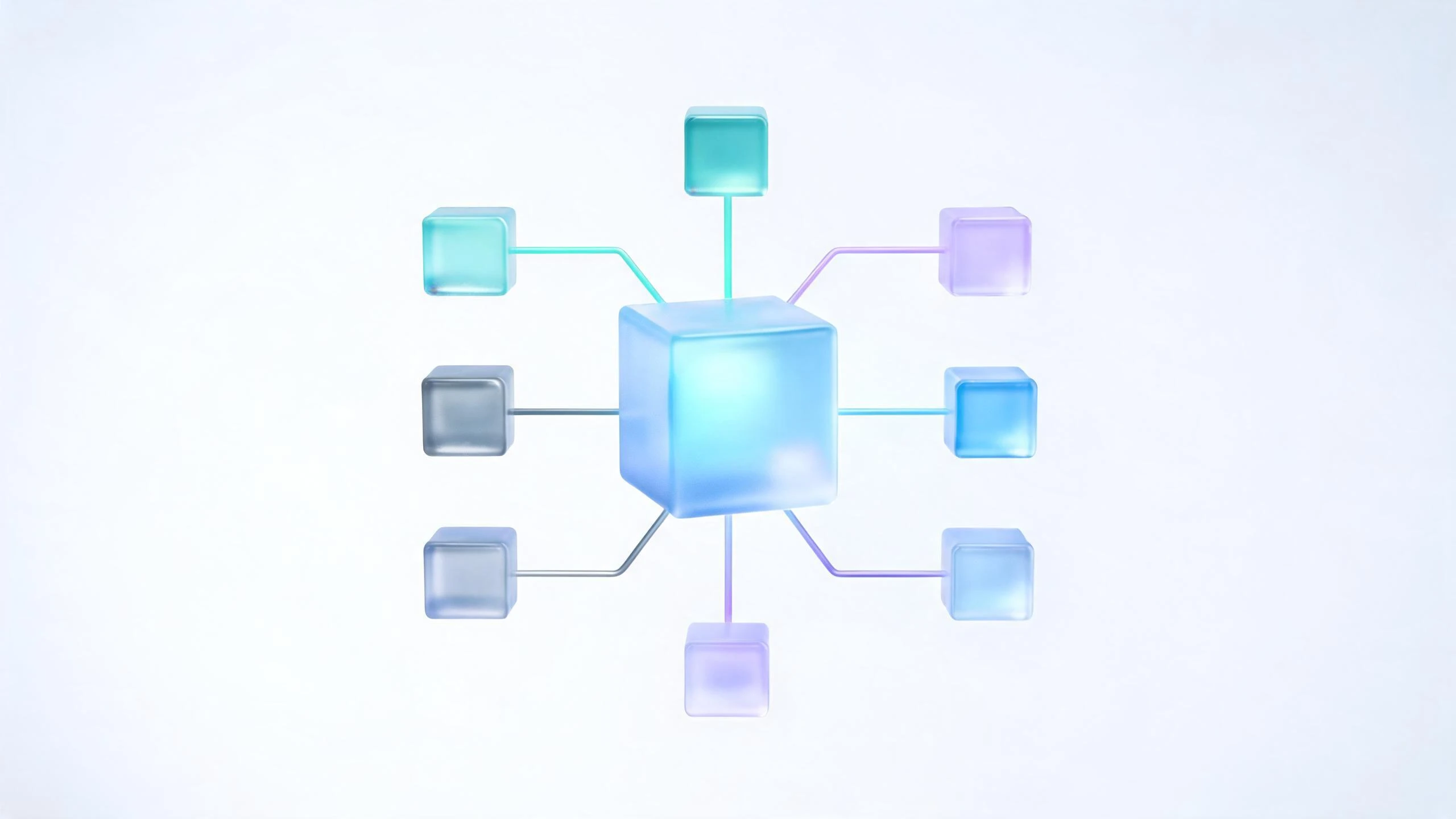 Structured frosted glass data cubes interconnected symbolizing technical SEO and structured data