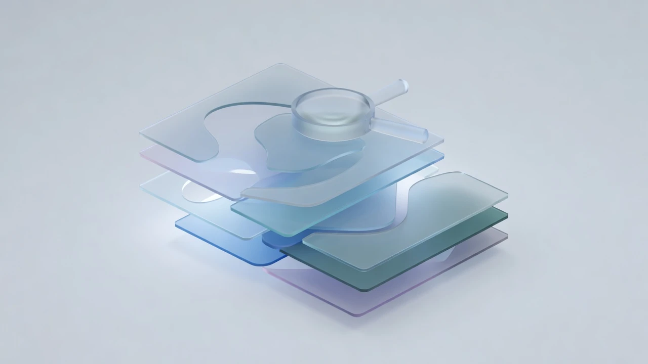 Frosted glass panels highlighting content gaps with magnifying glass symbolizing competitor analysis