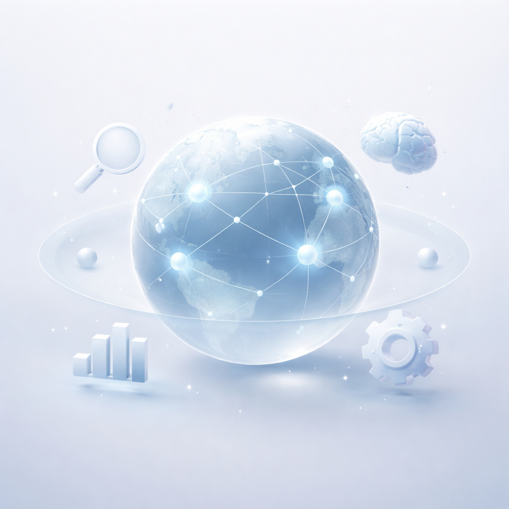Frosted glass globe with glowing interconnected nodes symbolizing AI-driven SEO landscape