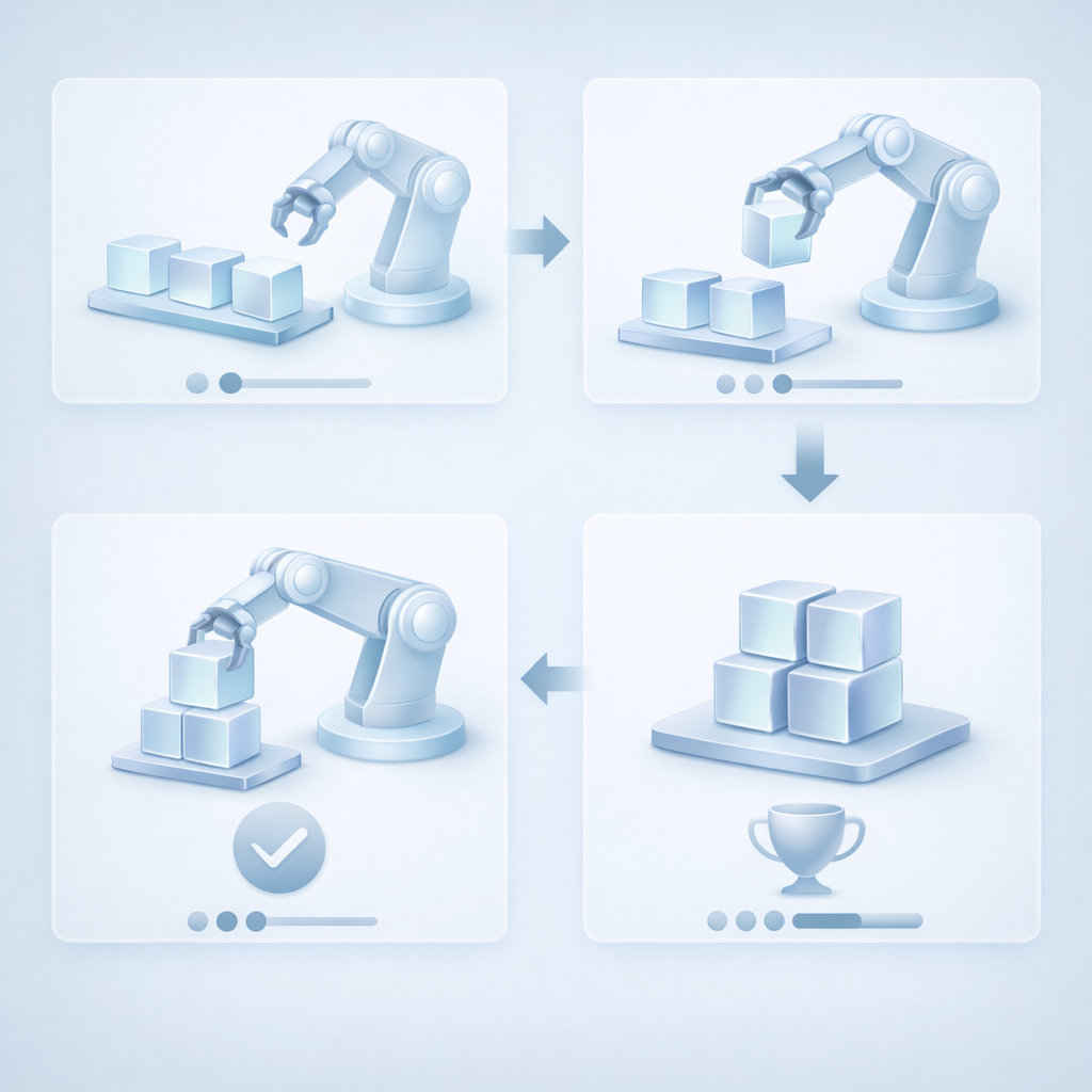 Frosted glass robotic arm assembling glass blocks representing automated content creation