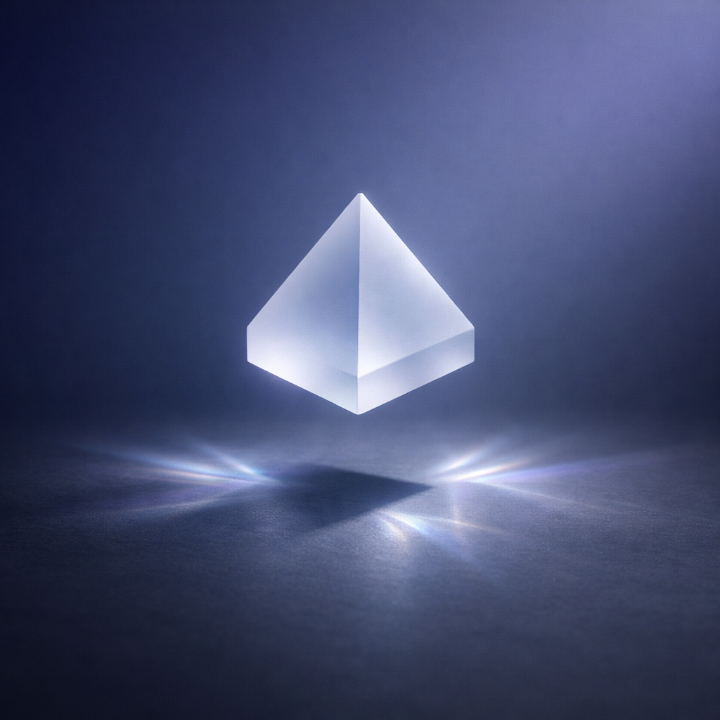 Frosted glass prism symbolizing clarity and filling content gaps.