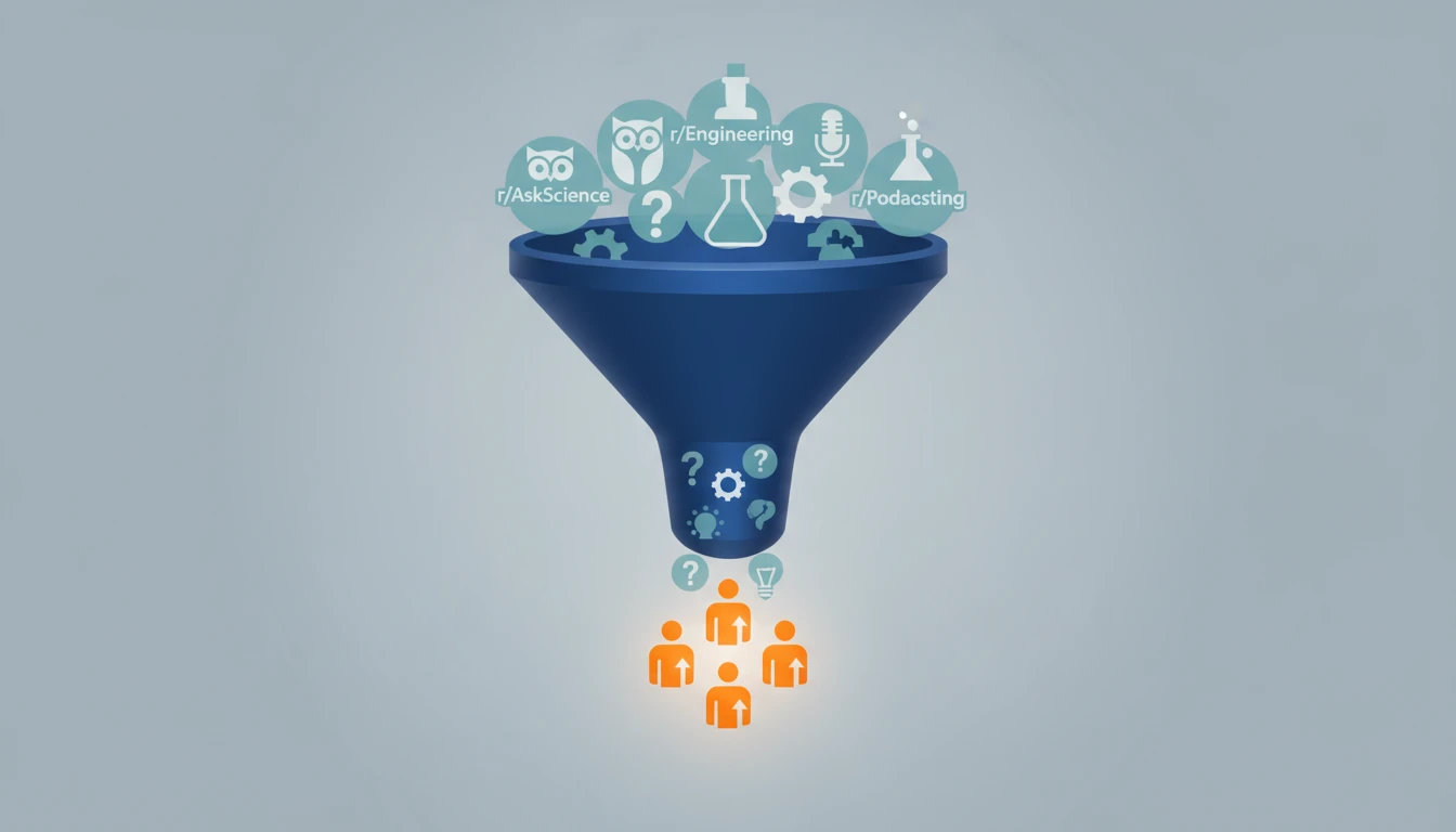 Illustration of a funnel filtering subreddits to identify communities with high user intent.