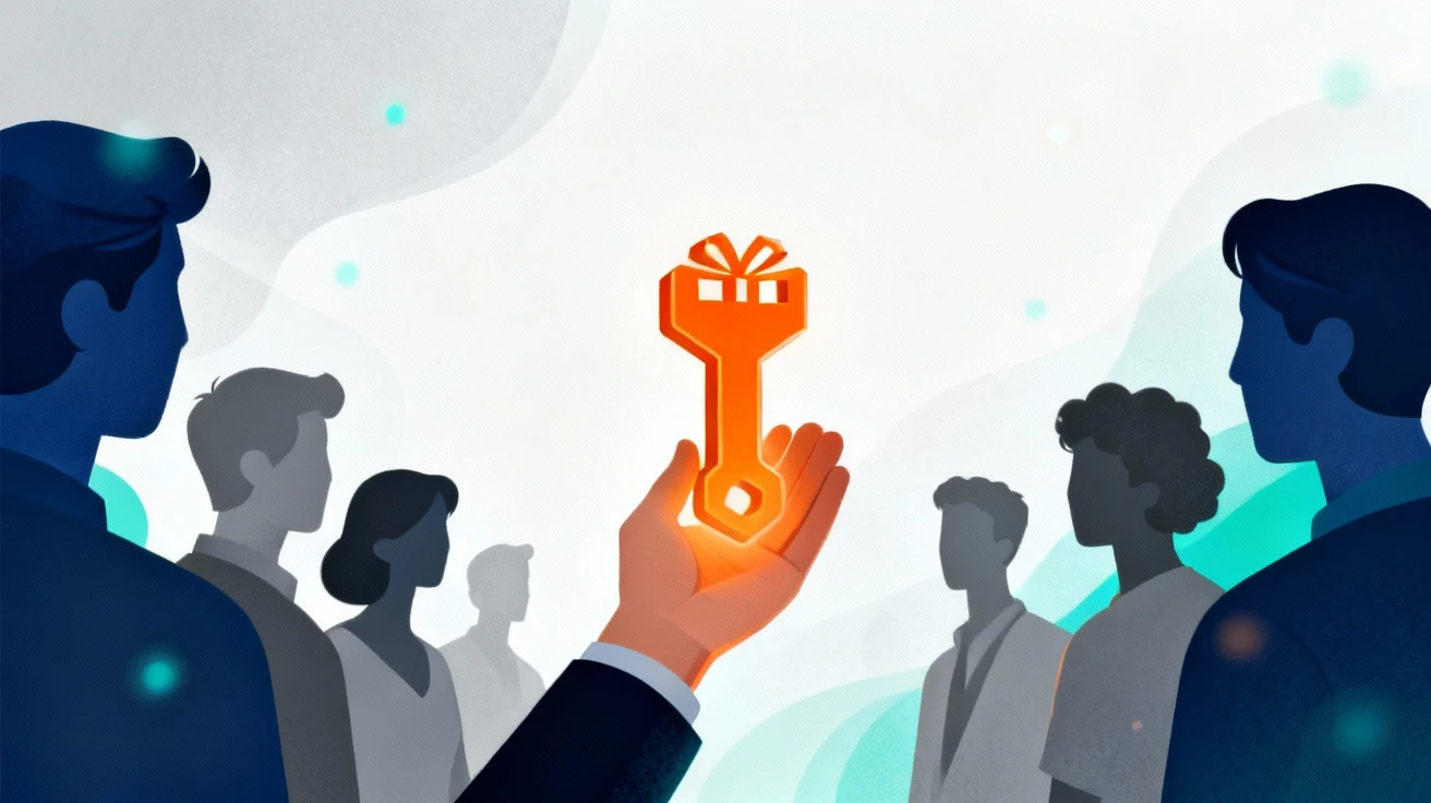 Illustration of a hand offering value to a group, symbolizing helpful engagement without direct promotion.