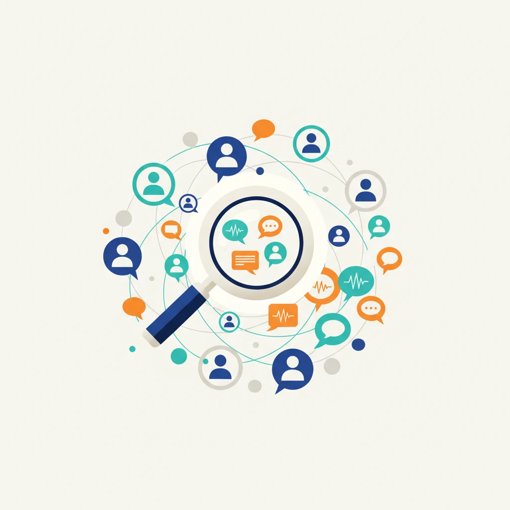 Magnifying glass analyzing user conversations on a network.