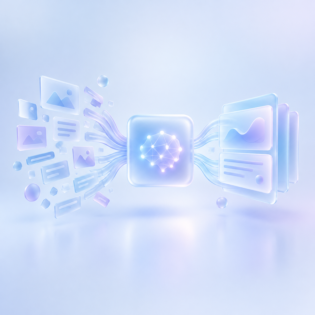 Abstract glass forms flowing into a clear AI-driven search path.