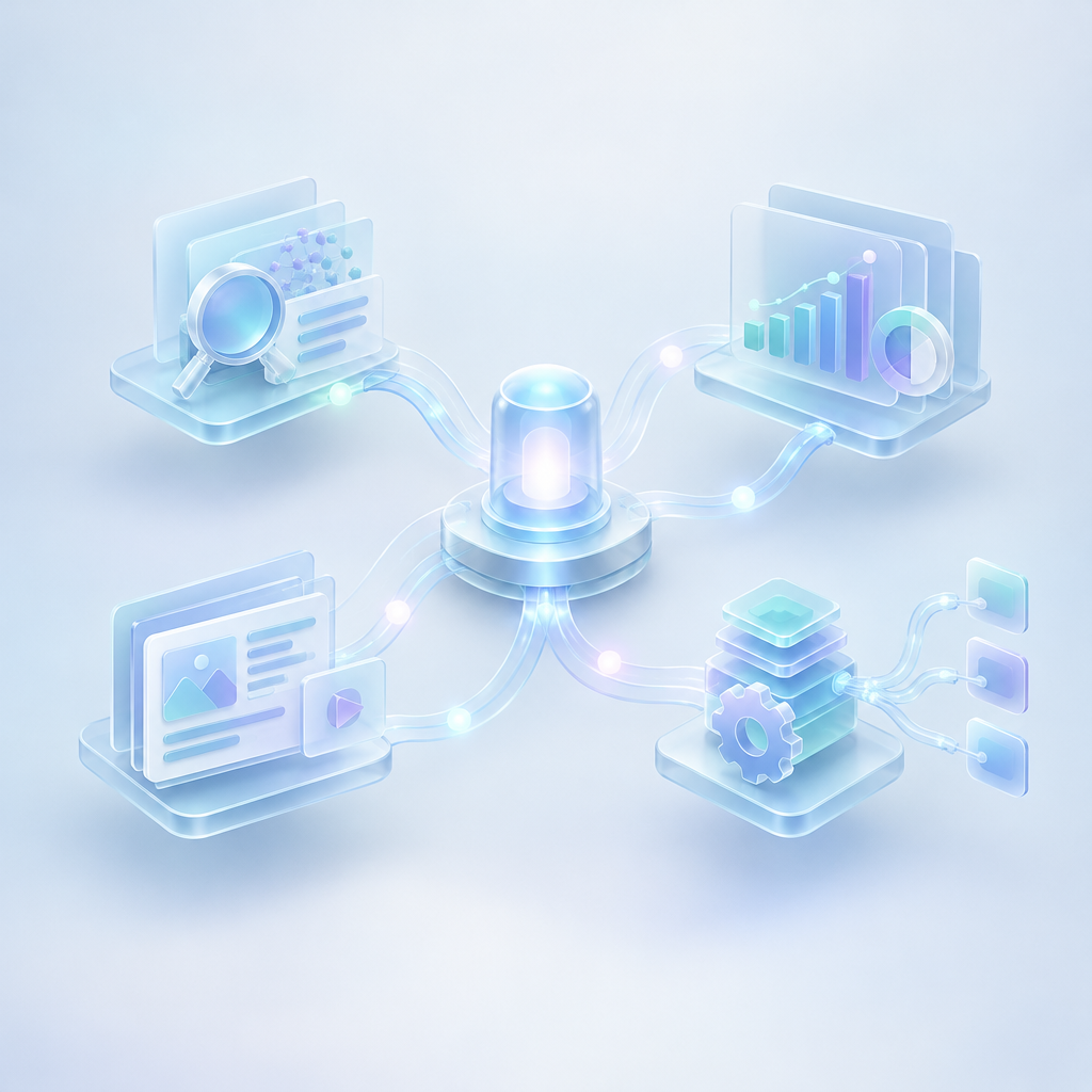 Glass signal beacon surrounded by abstract visibility nodes