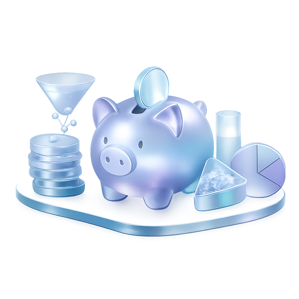 Glassmorphic shapes representing practical benefits and cost savings
