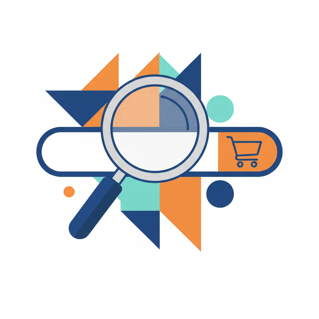 Illustration of a magnifying glass focusing on a search query, leading to a purchase.