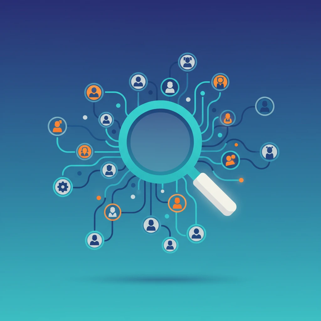 Illustration of a magnifying glass examining a network of user icons, symbolizing Reddit marketing.