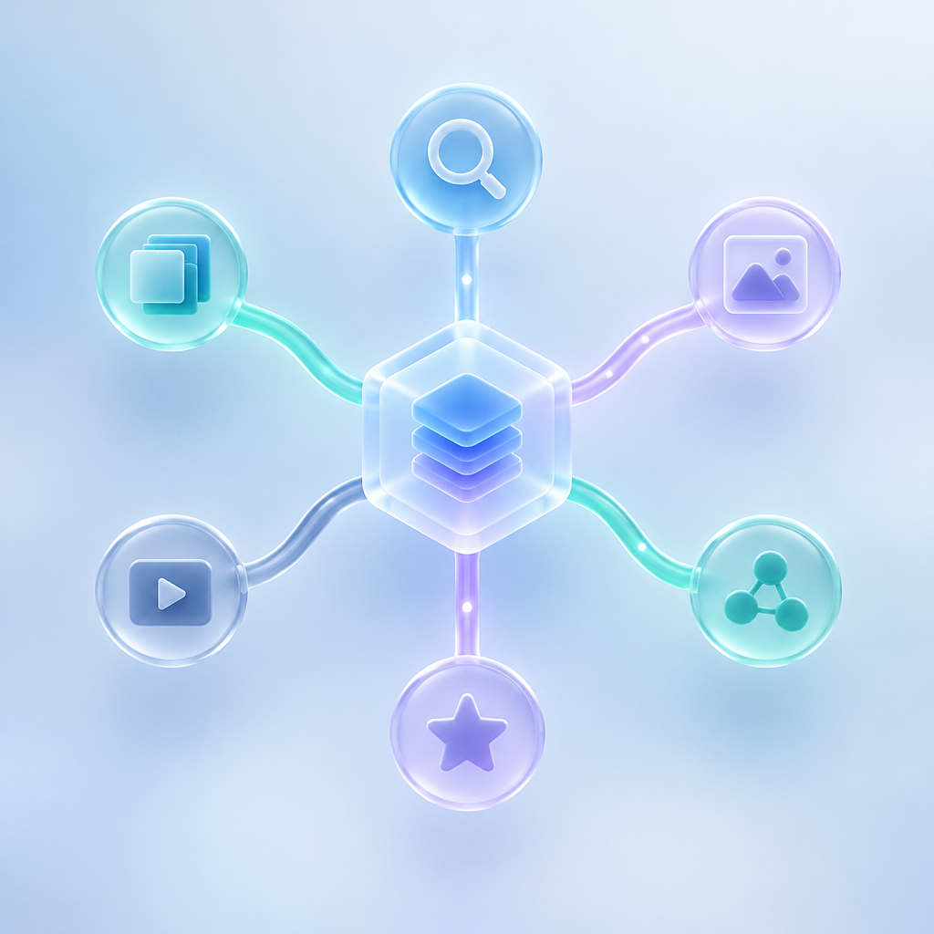 A glass website node connected to search nodes by glowing pathways