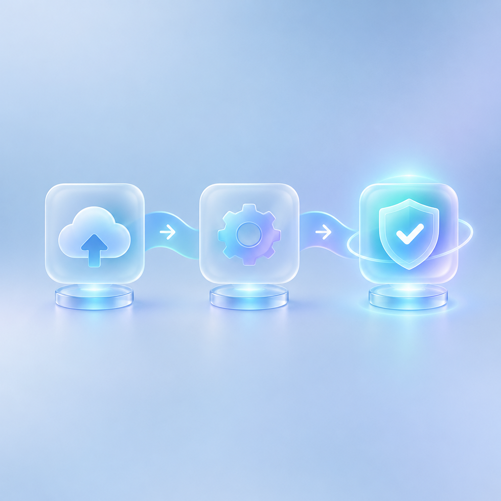 Three glass forms lead to a softly glowing secure portal