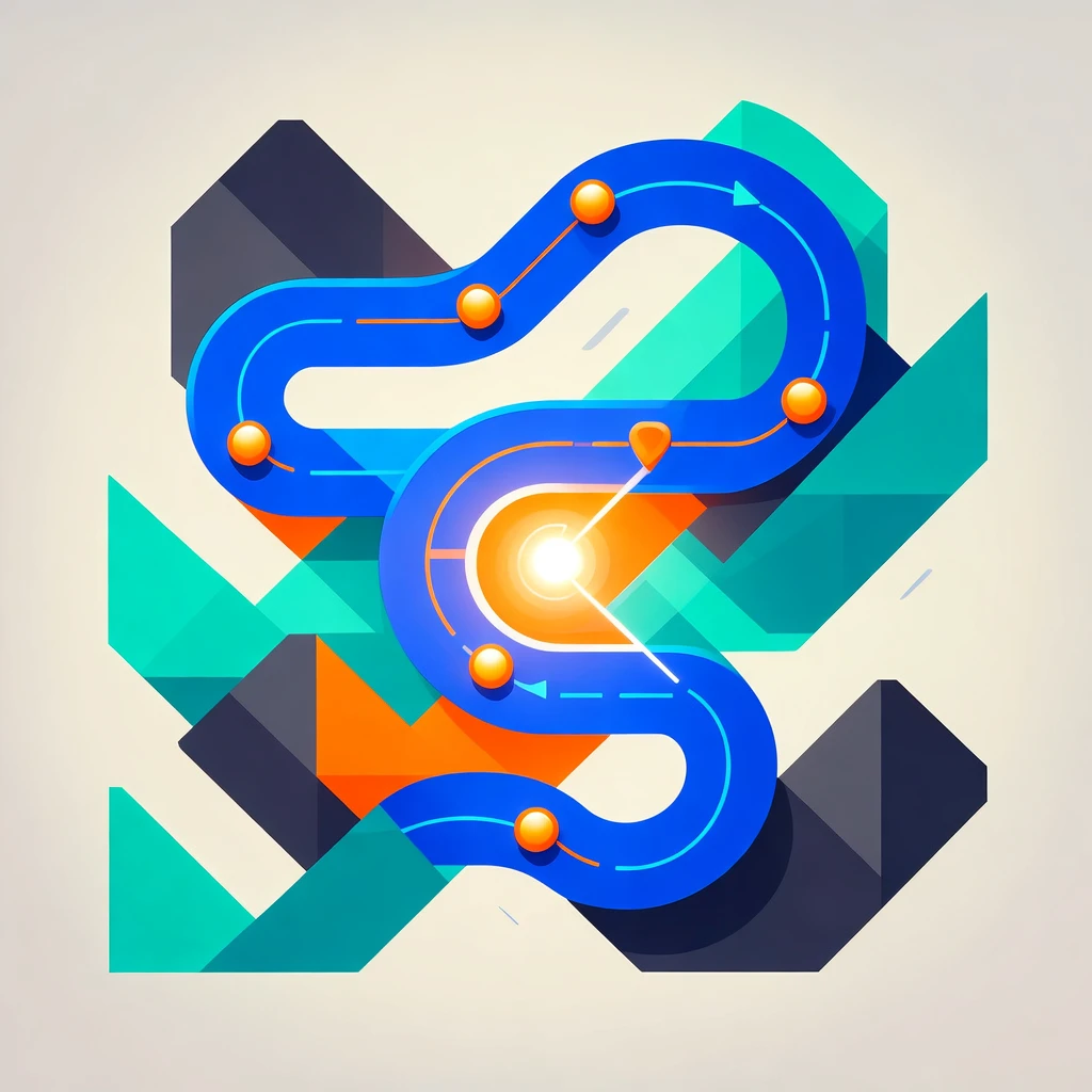 Illustration of a roadmap with glowing checkpoints, guiding towards a goal.