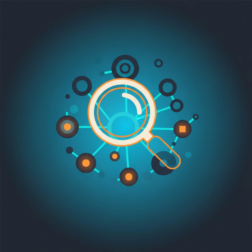 Illustration of a magnifying glass identifying glowing signals among abstract data points.