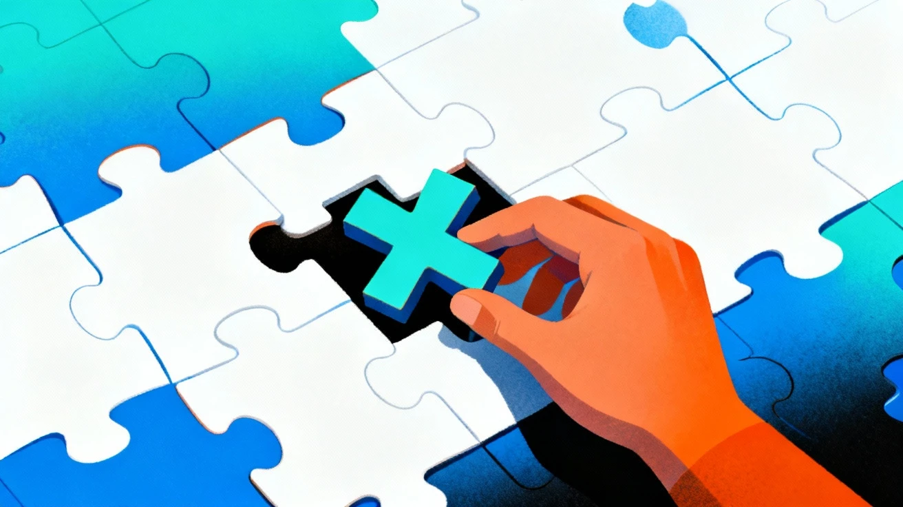 Illustration of a hand completing a puzzle with an 'X' shape, symbolizing turning insights into action.