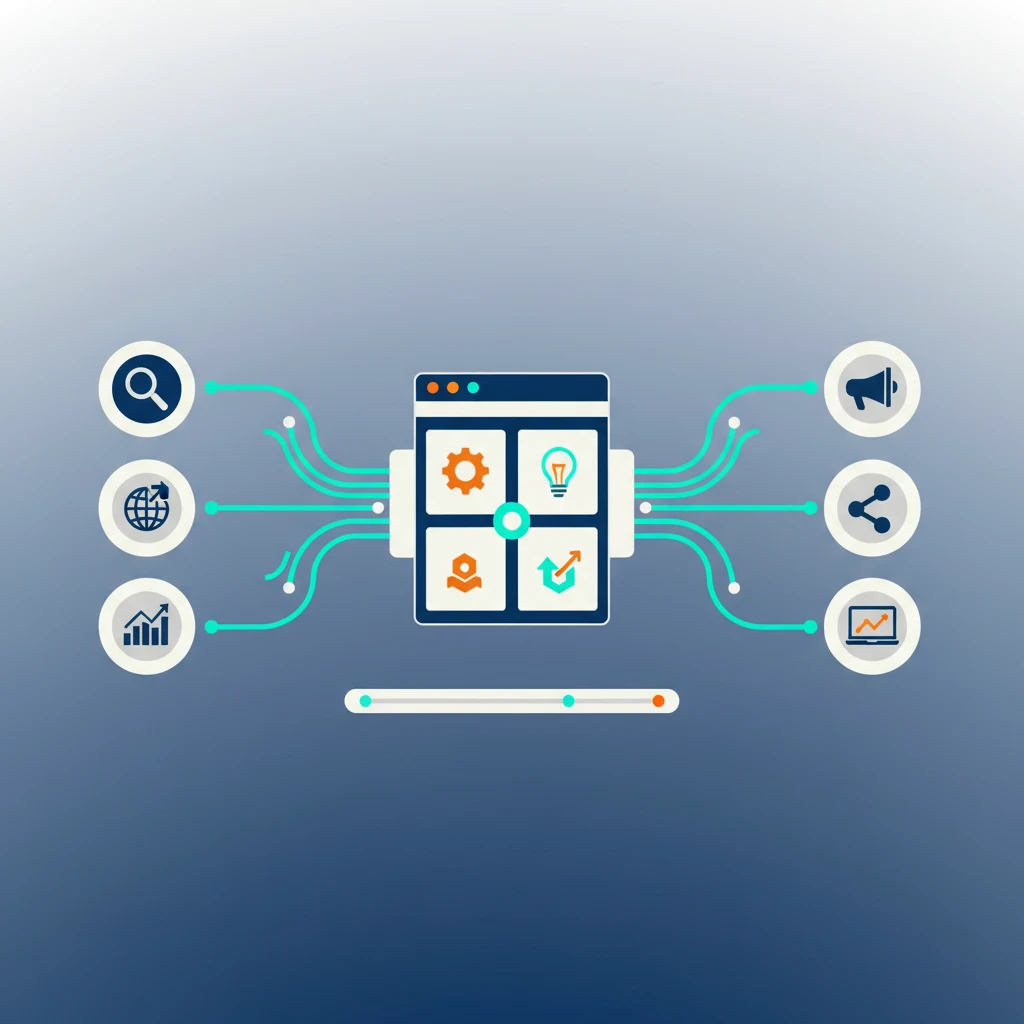 User interface showing various SEO automation tool icons and connections.