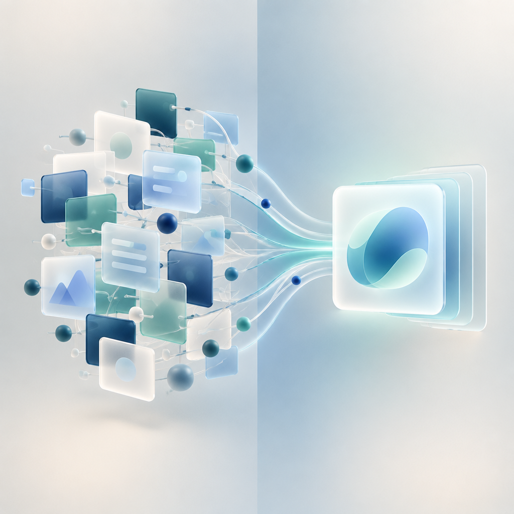 Abstract search listings converging into a synthesized answer