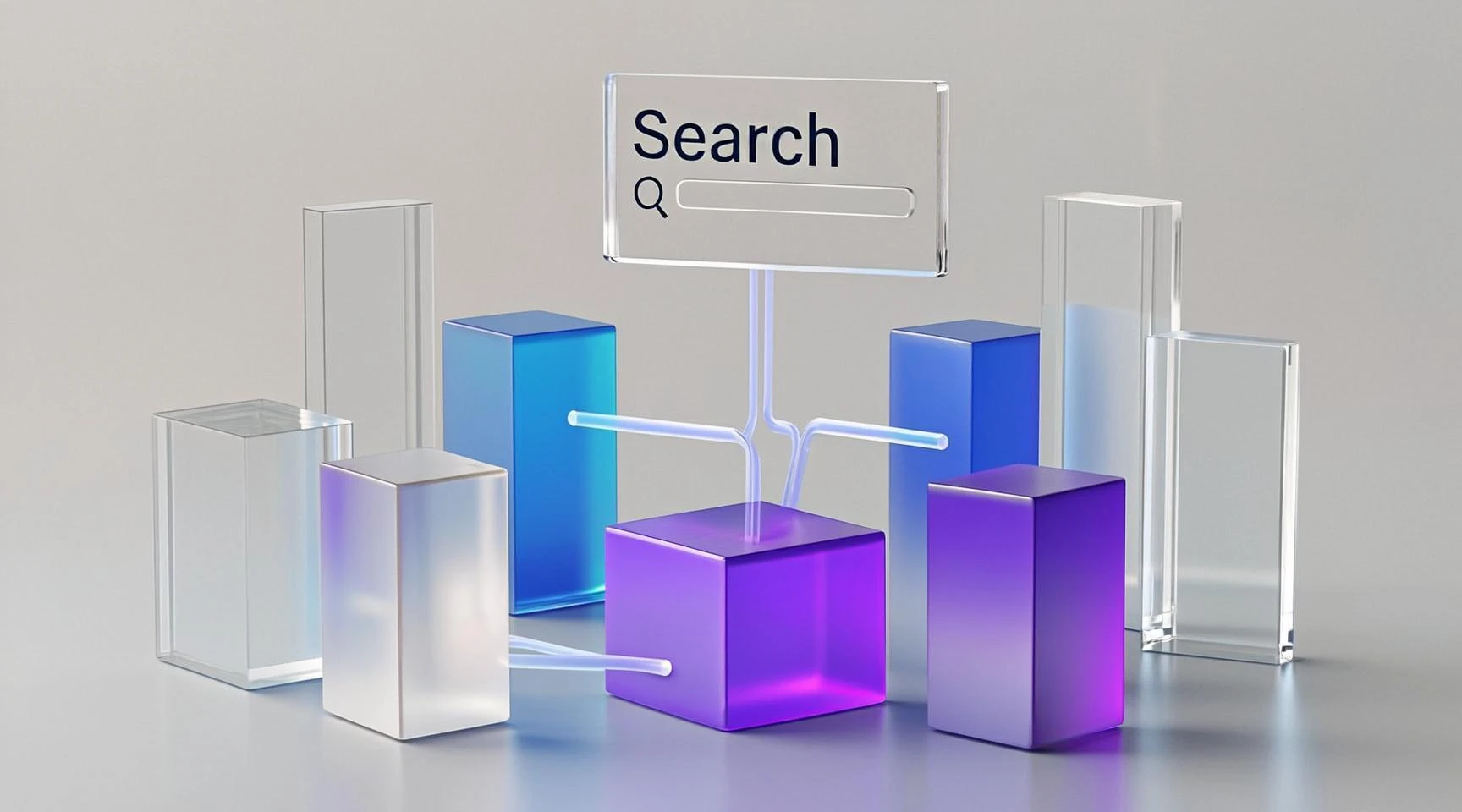 Glass metric forms connect to a central search core.