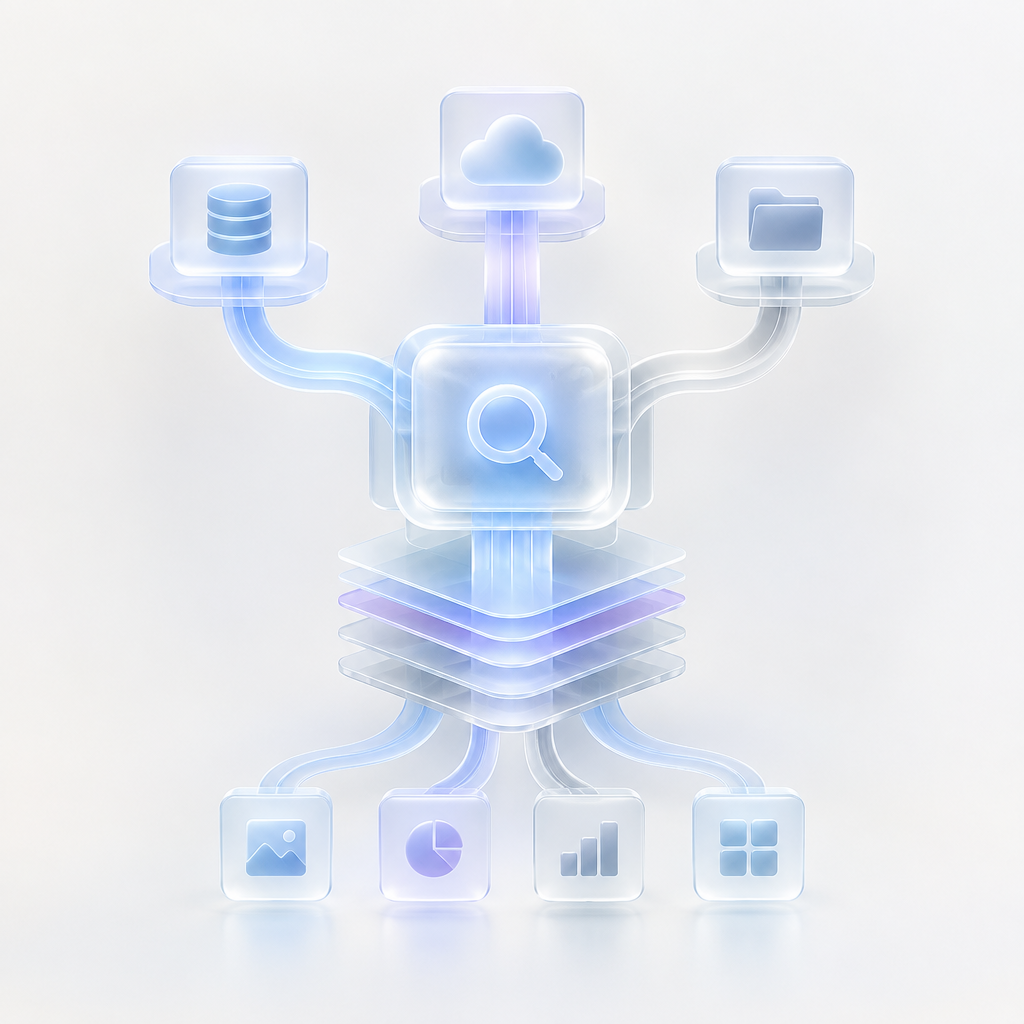 A translucent framework organizes layers of structured information.