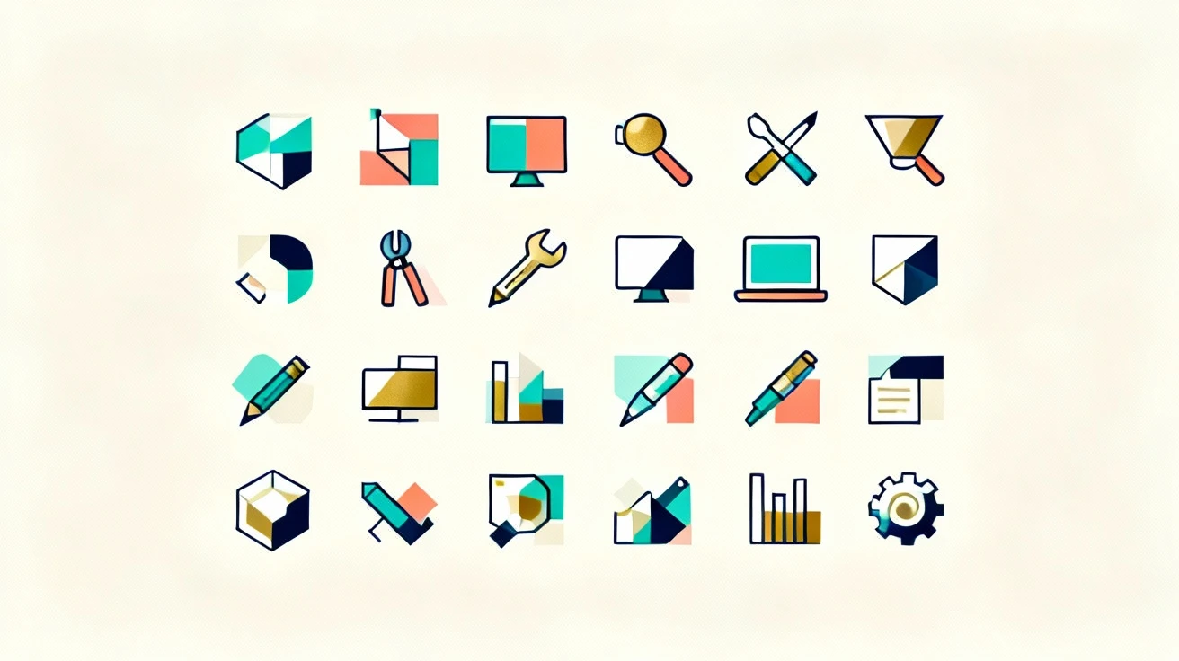 Illustration of various digital tool icons.