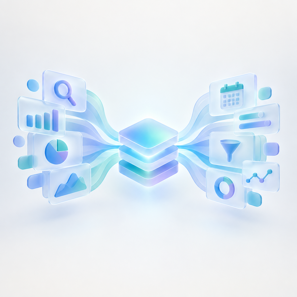 Separate search and AI data streams converge into one view.