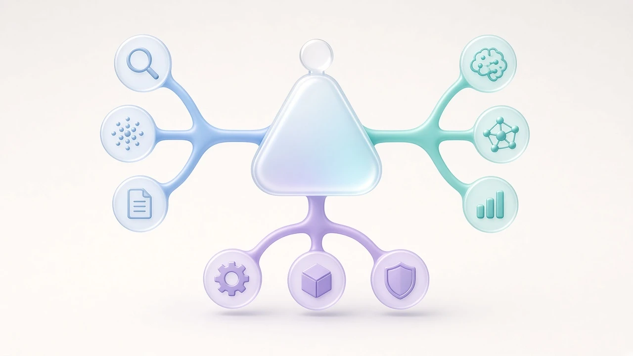 Three connected forms represent the core components of an AI SEO system.