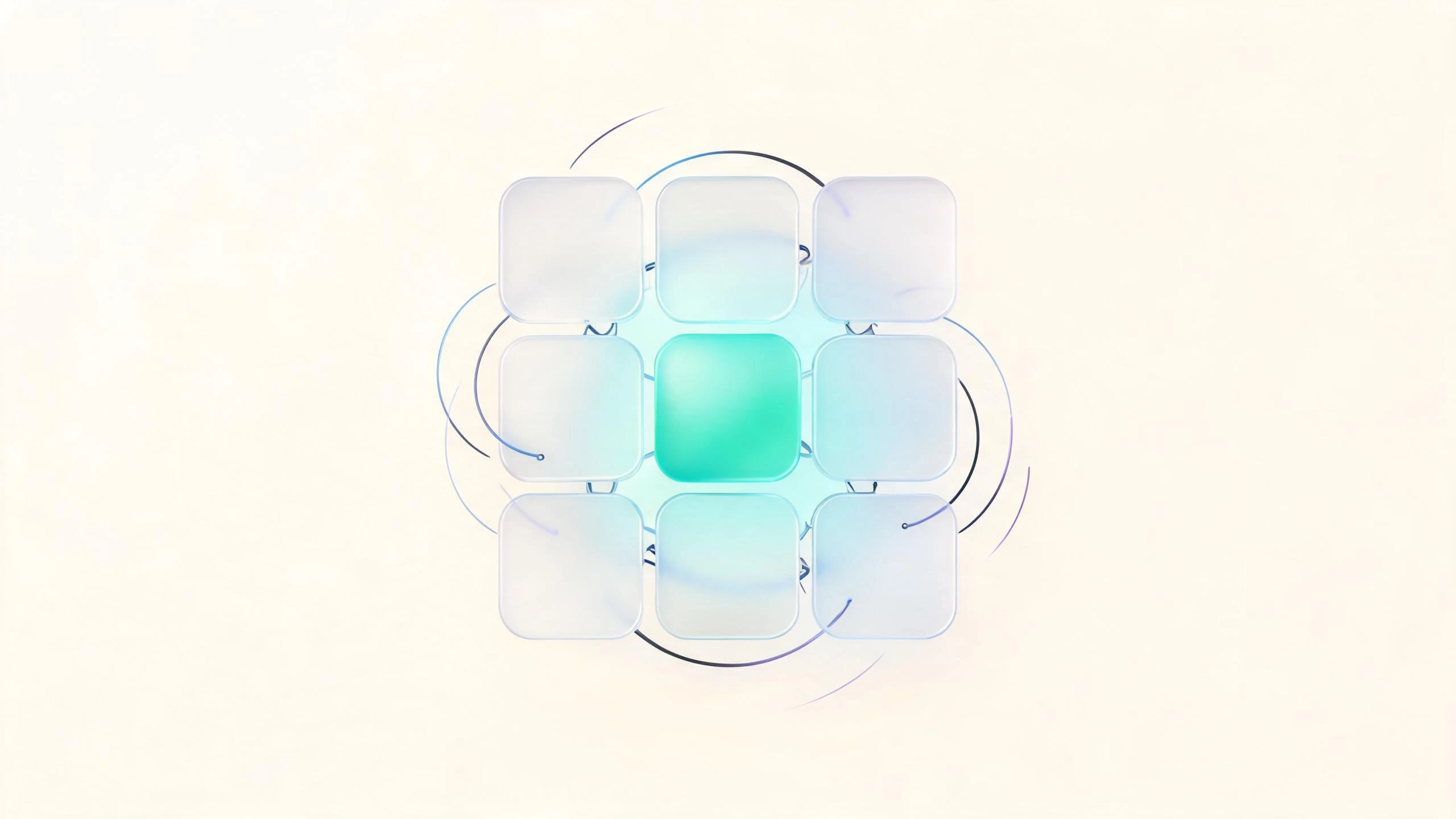 A glowing form fills a gap in a connected glass lattice.