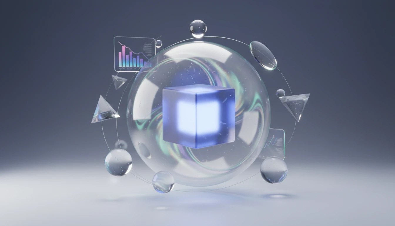 Abstract glass sphere and cube representing digital stability