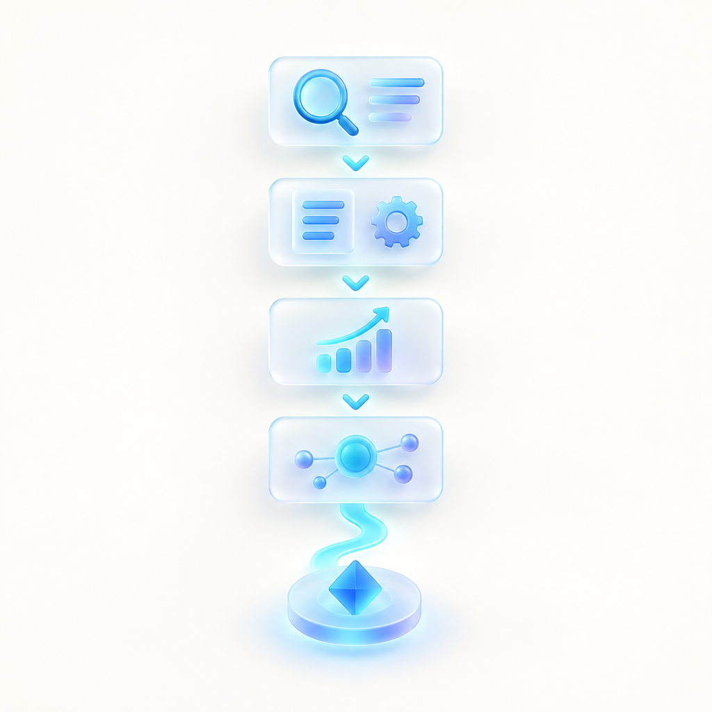 A flowing path connects the stages of an automated SEO workflow.