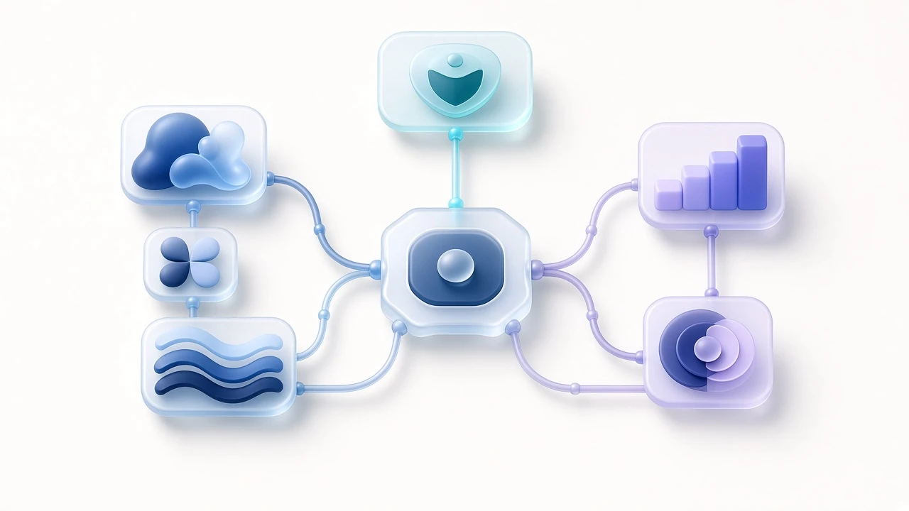 Three connected glass structures represent key SEO automation functions.