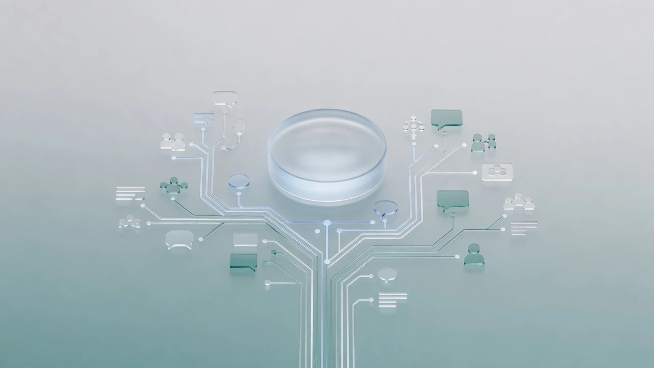 3D glassmorphic magnifying glass scanning social platforms for AI intent scouting