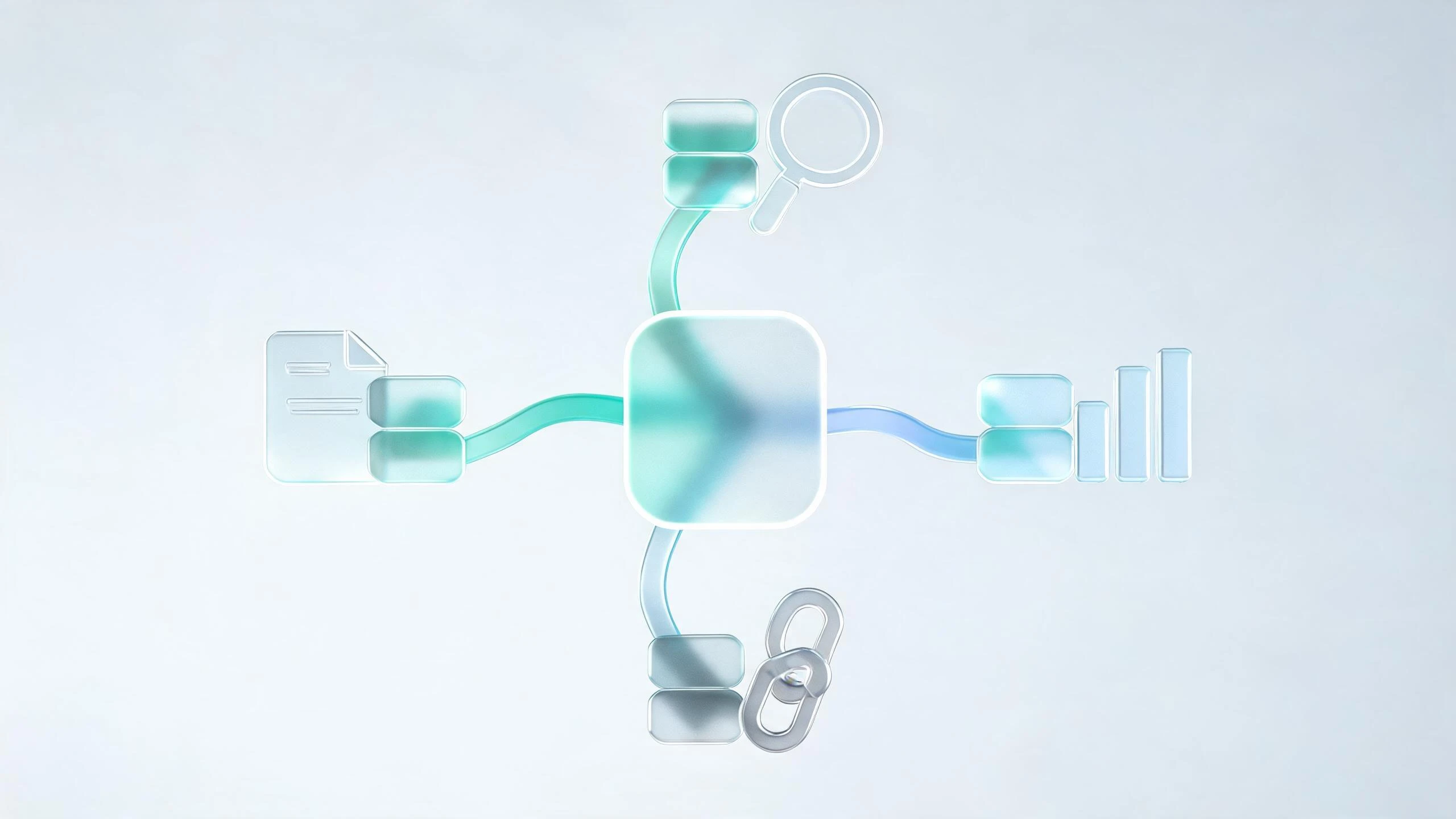 3D glassmorphic representation of an integrated SEO automation stack