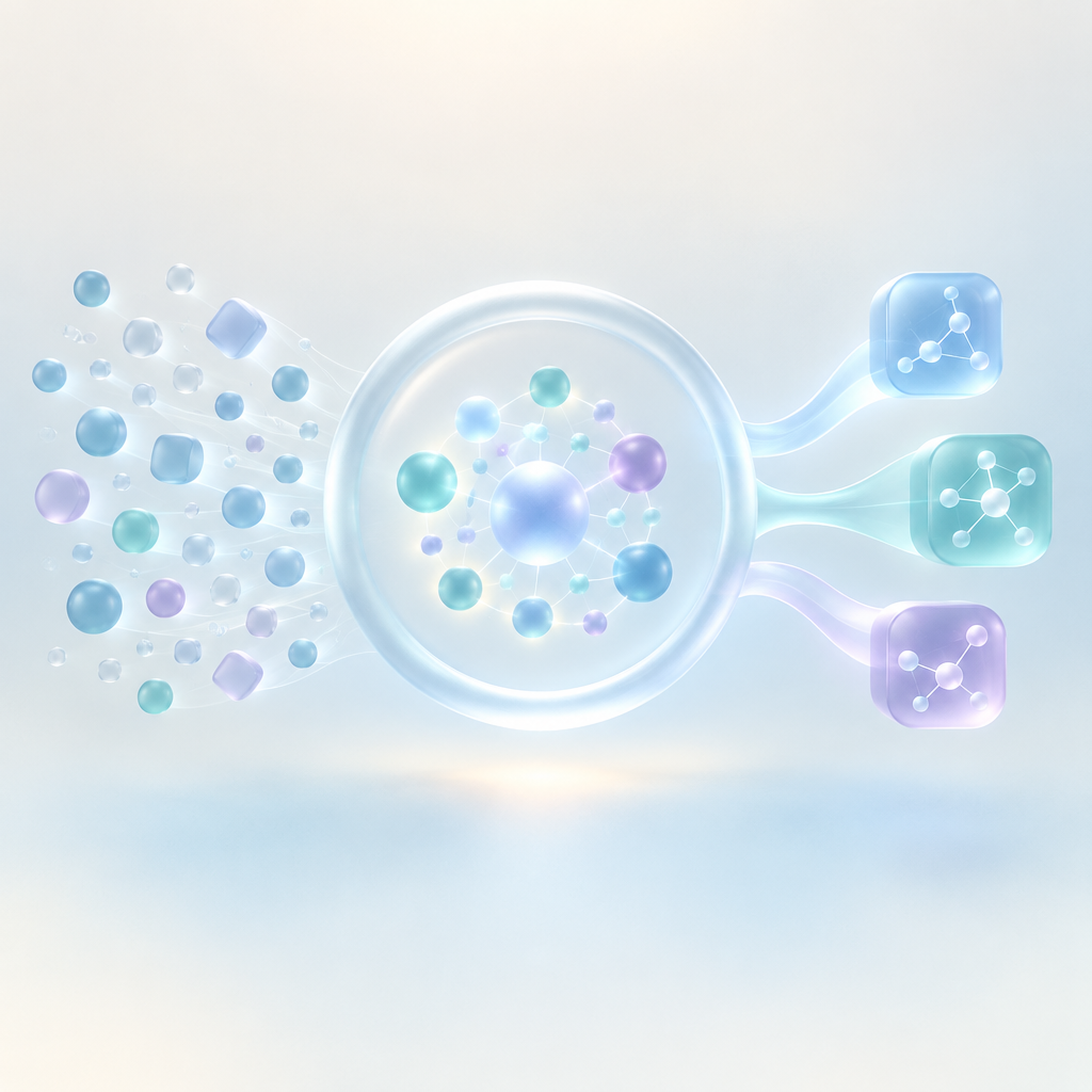 A frosted-glass search form gathers scattered signals into connected insights.