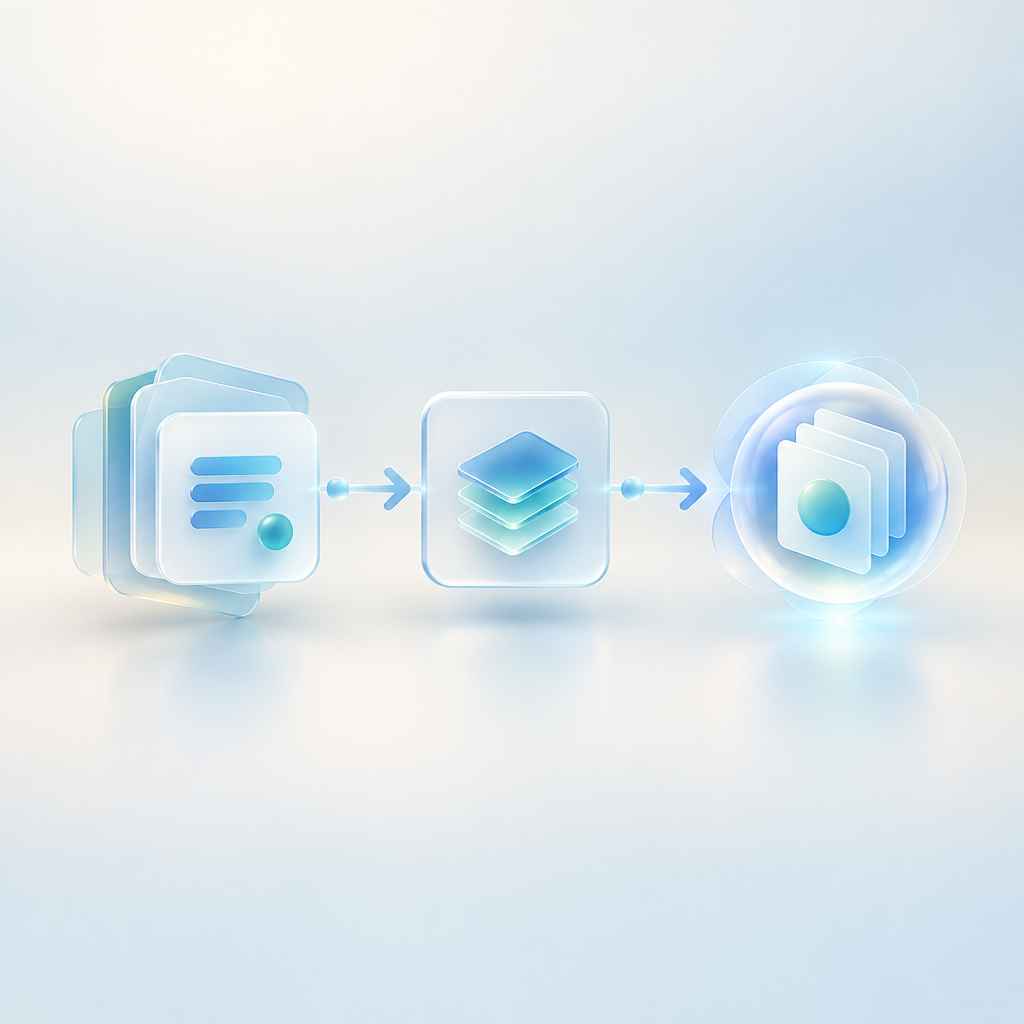 A sequence of glass forms leading to a softly glowing node.