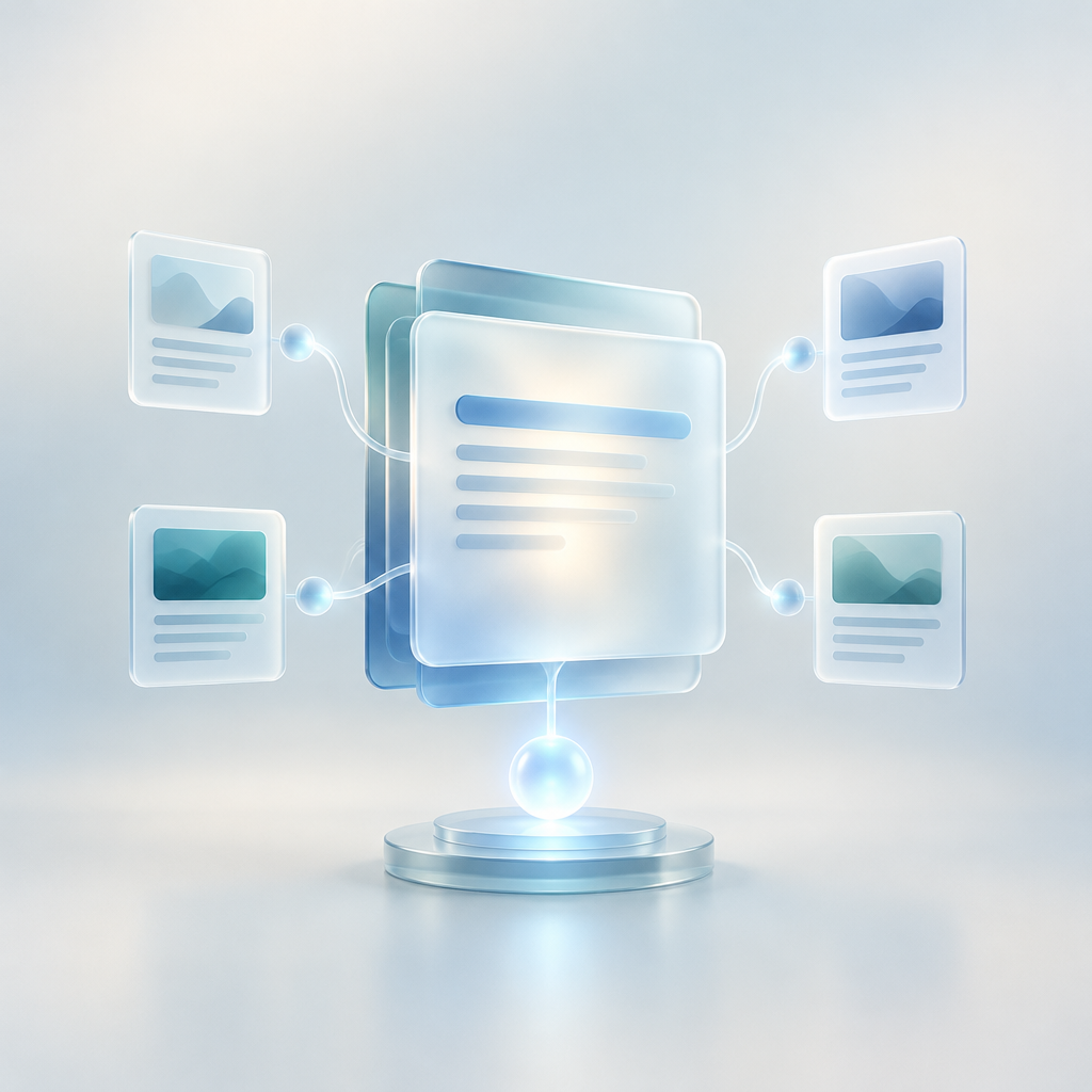Layered glass panels connected by a softly glowing node.