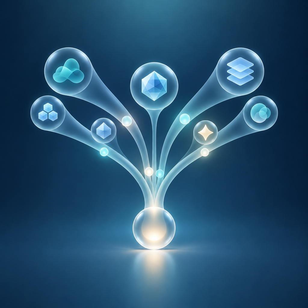 A broad stream of search forms narrowing to precise keyword discoveries