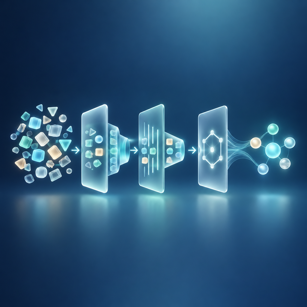 Raw data forms refined through a sequence of filtering gates