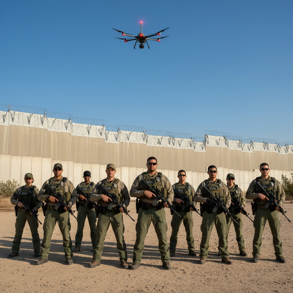 Border patrol agents and technology securing a national border.